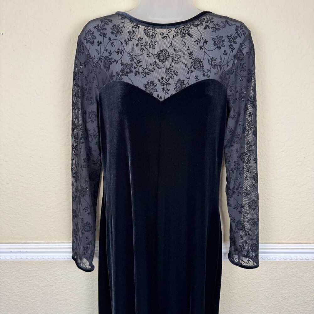 Vintage Black Velvet Maxi Long Dress Sheer Sleeve Whimsigoth Y2K Size 10 - Picture 2 of 11
